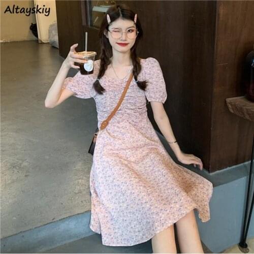 Short Sleeve Dress Women Summer Holiday Floral Fashion Elegant Square Collar Girls Kawaii Puff-sleeve Party Sundress Comfortable
