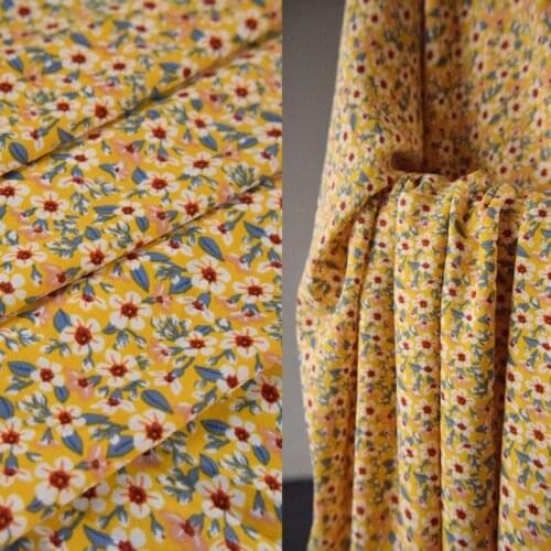 Half Meter Spring Summer Yellow Little Flower Print Ice Linen Fabric For Dress Shirt Children Cloth Soft No Transparent T1609