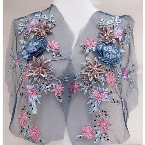 GLace 23 cm*40cm Colorful beaded sequins 3D Embroidery green ,blue flower Lace patch dress skirt dress decoration accessories