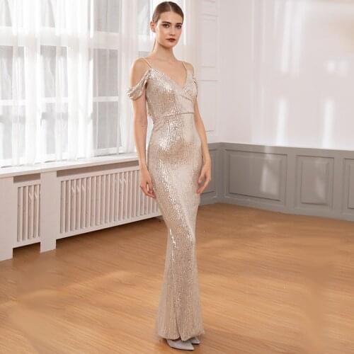Sexy Deep V Neck Shiny Sequin Bodycon Party Dress Stretch Off Shoulder Zipper Lining Spaghetti Straps Floor Length Summer Dress