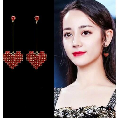 Net Red With Love Rhinestone Long Earrings Simple Heart-shaped Earrings Sweet Wild Earrings Jewelry Wholesale Earrings For Women