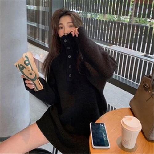 Turtleneck Sweater Women 2021 Autumn Winter simple lazy loose large size pullover button Knitted Sweater thick Female