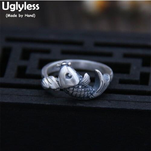 Uglyless Real S999 Silver Fine Jewelry for Women Lovely Fish Ethnic Open Finger Rings Handmade Engraved Totem Animal Ring Bijoux
