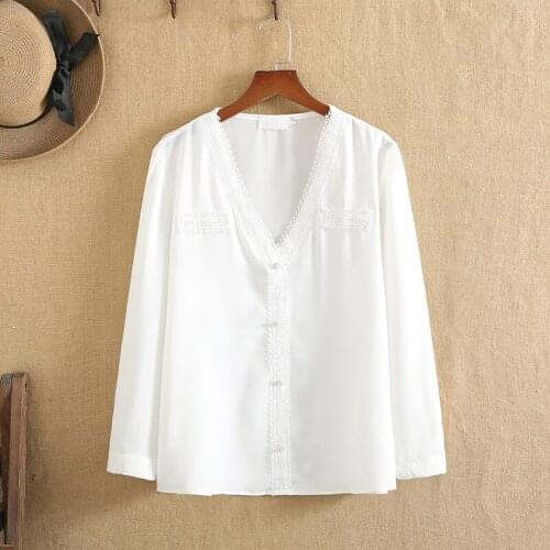 Plus Size Women Shirt Spring And Autumn Wear Lace Edge Stitching V-Neck Long Sleeves Loose Increase Large Size Tops For Fatlady