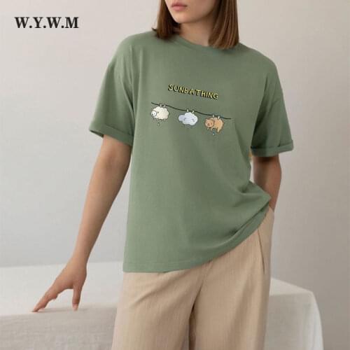 WYWM 2021 Funny Cartoon Printed Tshirts Women Harajuku Loose Kawaii Graphic T Shirts Summer Oversized Short Sleeve Female Tops