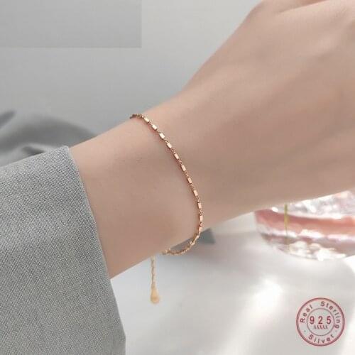 Real 925 Sterling Silver Simple Geometric Square Cuban Chain Charm Bracelet for Fashion Women Chic Jewelry Accessories