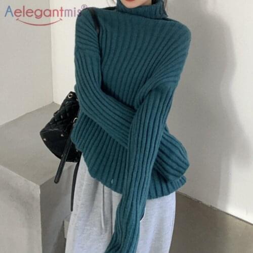 Aelegantmis Pile Collar Oversize Causal Sweater Women Korean Vertical Striped Loose Pullover Top All Match Elegant Sweater Mujer