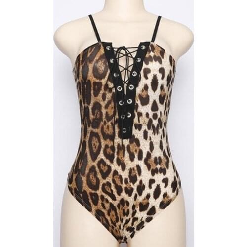 Women Sexy Leopard Print Lace Up Deep V Neck Sleeveless Jumpsuit Slim Bodysuit Lace Up Deep V Neck Sleeveless Jumpsuit Slim Body