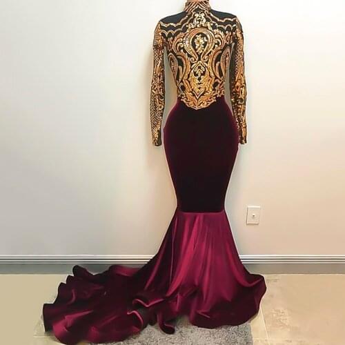 Long Sleeve Prom Dresses 2020 Elegant High Neck Mermaid Golden Sequin African Burgundy Velvet Women Prom Dress