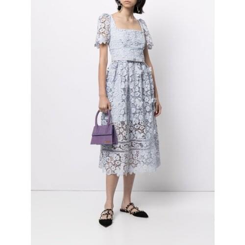 High Quality Runway Designers Mid-calf Dresses for Women 2021 Summer Elegant Blue Floral Hollow Out Lace Dress