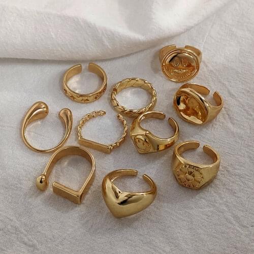 Punk Vintage Smiley Finger Rings Gold Color Tulip Flowers Open Wide Rings for Women Heart Geometric Rings 2021 Trendy Jewelry