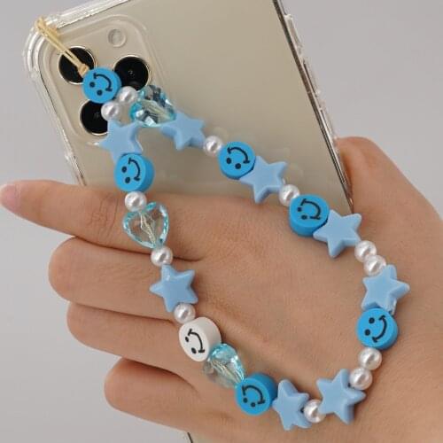 2021 Boho Chain For Phone Lanyard Blue Candy Beads Chains Strap Letter Bracelet For Women Summer Trendy Cute Jewelry
