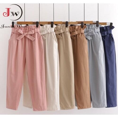 2021 Spring Summer Bow Belt Solid Elastic High Waist Casual Harem Pants Korean Sweet Girls Ankle-Length Cotton Long Trousers