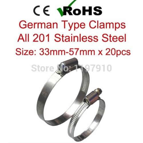 33mm-57mm x 20pcs German Type Worm Drive Quick Release Hose Clamp All 201 Stainless Steel Pipe Clips