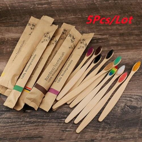 5 PCS Eco Friendly Toothbrush Bamboo Resuable Toothbrushes Portable Adult Wooden Soft Tooth Brush for Home Travel Hotel Use