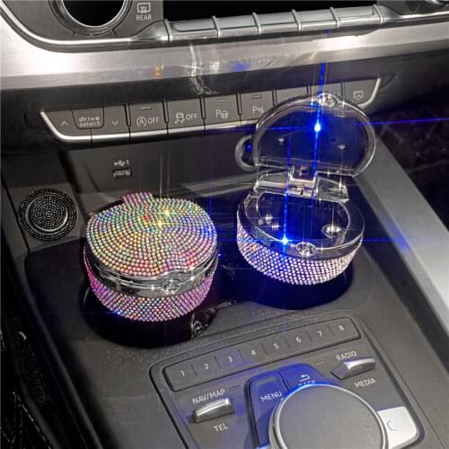 Car Cigarette Ashtray Portable With Lid Smell Proof Bling Diamond Car Ashtray With Light for Women for Car Home Office