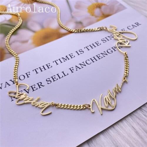 AurolaCo Custom Name Necklace Personalized Multiple Names Cuban Necklace Gold Stainless Steel Nameplates Pendant Necklace