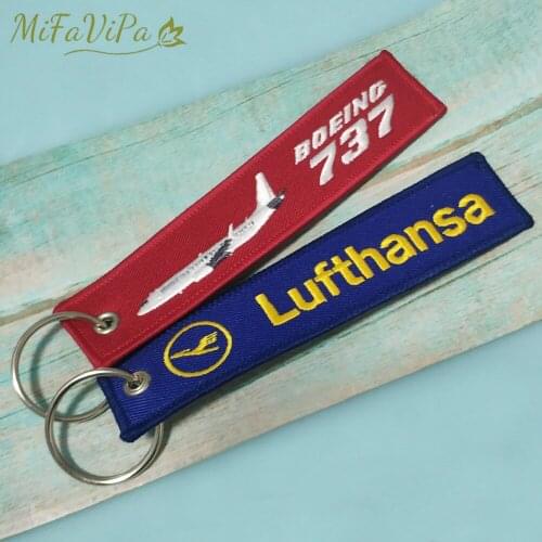 MiFaViPa 2 PC Blue Yellow Lufthansa Keychain Sleutelhanger Fashion Trinket Embroidery Boeing 737 llavero Aviation Gift Key Chain