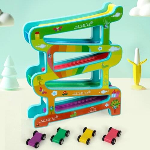 Colorful Wooden Ladder Gliding Car 5 Layers Wooden Slot Track Car Toys Early Education Model Vehicles Slide Toys For Children