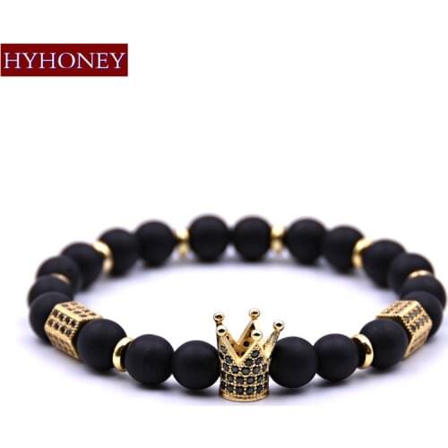 HYHONEY 8mm Black Natural Stone Matte Beads Micro Pave Zirconia CZ Crown Charm Bracelet Men Gifts Bracelets & Bangles Jewelry