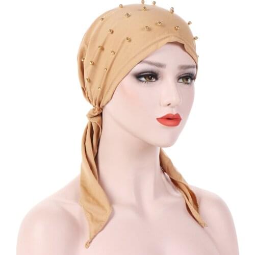 JTVOVO 2021New Pure Color Cotton Beaded Headscarf Muslim Woman Tying India Hat Turban Underscarf Handkerchief Fashion Pirate Hat