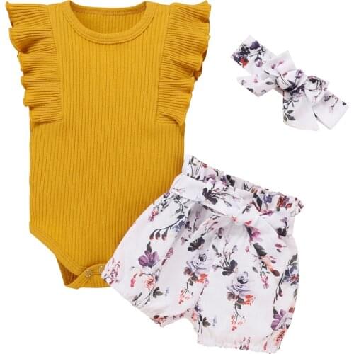 3Pcs Summer Newborn Baby Girl Clothes Set Sleeveless Solid Romper Tops Floral Shorts Headband Infant Clothing Outfits
