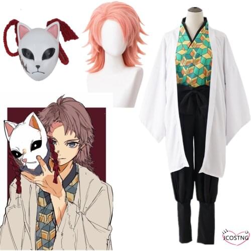 Anime Cosplay Costumes Demon Slayer Kamado Sabito Kimetsu No Yaiba Full Set Carnival Costume Kimono Men Uniforms Cosplay Wigs