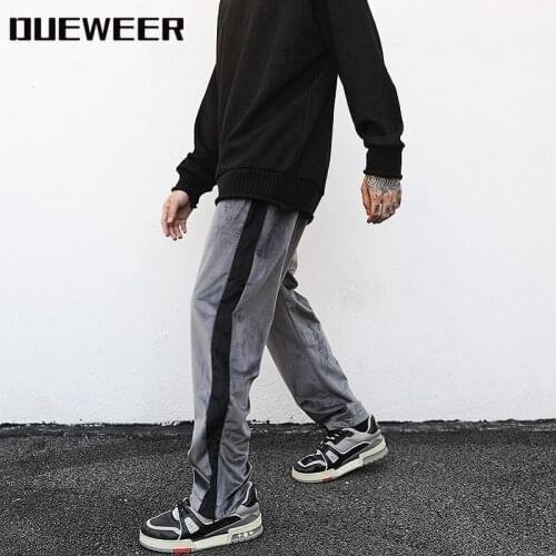 DUEWEER Stripe Velour Sweatpants Men High-end Suede Joggers Hip Hop Streetwear Velvet Loose Casual Ankle Zipper Design