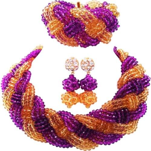 Newest purple and champagne gold costume necklace african set nigerian wedding beads jewelry set 12BZ-06