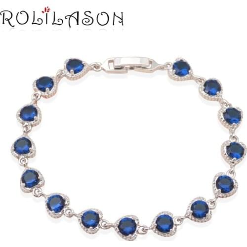 ROLILASON Heart shaped classic style navy Blue Crystal zircon silver charm bracelets Health Fashion jewelry TB469