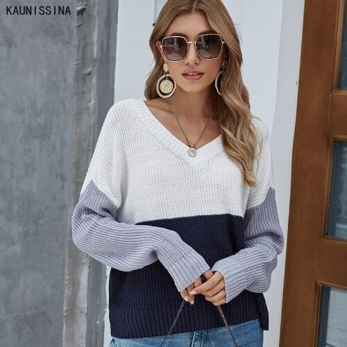 Autumn Women New Knitted Sweater Stitching V-neck Pullover Knitting Shirt Female Street Style Pullovers and Sweaters