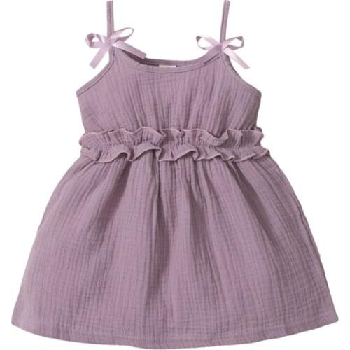 Infant Sleeveless Dress, Baby Girls Solid Color U-shaped Neck Spaghetti Strap Ruffle On-piece with Bowknot