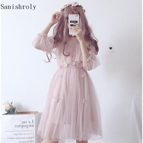 Two Piece 2021 Summer Women Lantern Sleeve Lace Dresses Sweet Butterfly Floral Mesh Dress Lady High Waist A Line Dress Vestidos