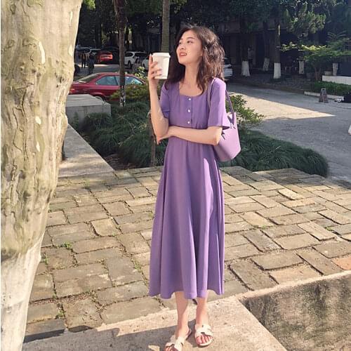 Dress Women Soft Purple Summer Minimalist Dresses Female Midi Maxi High Waist Skinny Square Collar Chiffon Pleated Short Sleeve