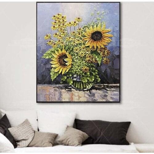 Handpainted Sunflower Knife Flower Best Sell Chinese Style Oil Pianting Bright Abstract Painting For Living Room Home Decor