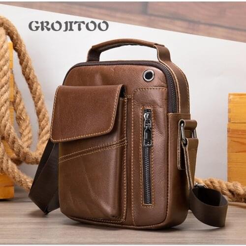 GROJITOO Genuine Leather Mens bag new mens Single Shoulder Messenger Bag head leather mens bag cowhide shoulder bag for men
