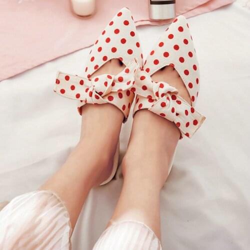 COOLULU 2020 Women Polka Dots Pumps Low Heel Mules Pointed Toe Slip on Backless Slippers Casual Pumps Women Shoes Size 34-44