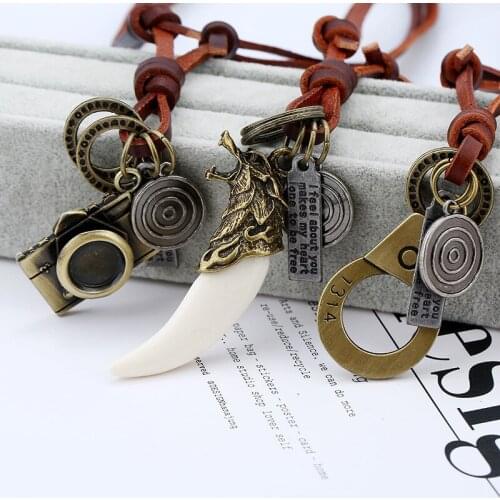 Alloy Genuine Leather Pendant Necklace Silver Gold Brown Cross Angel Wing Pendant Vintage Adjustable Leather Chain Necklace