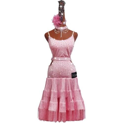 Women Latin Dance Competition Costume Costume Performance Costume Adult Girls Custom Pink Tassel dance Pleated Skirt