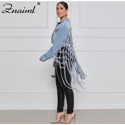 Znaiml Chic BackTassels Womens Hole Denim Jackets Lady Fashion Long Sleeve Ripped Distressed Long Jacket Coat Outwear Clothing