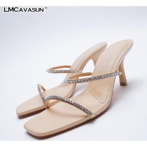 LMCAVASUN Womens shoes Beige square head Rhinestone accessories High-heeled sandals