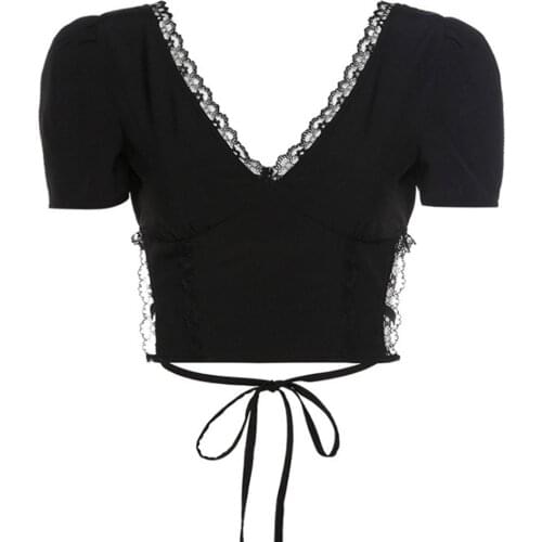 Elegant Women Summer Crop Top Fashion Lace Trim V Neck Y2K Short Sleeve Lace-up Short T-shirt Tops Girls Sexy Casual Streetwear
