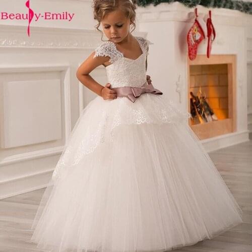 Beauty Emily Long White V Neck Princess Ball Gown Flower Girl Dresses 2020 Lace First Communion Dresses Girls Kids Prom Dress