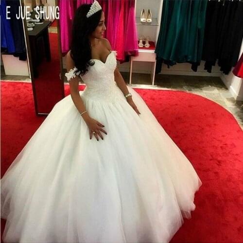 E JUE SHUNG Princess Tulle Wedding Gowns Off Shoulder Lace Up Back Appliqued African Ball Gown Bridal Dress Vestido De Novia