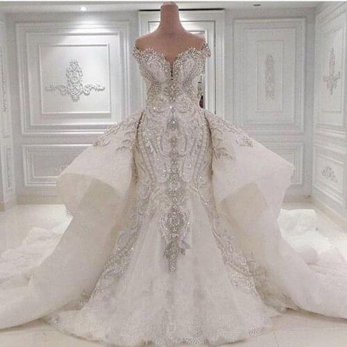 2021 Mermaid Crystal Luxury Wedding Dresses With Overskirts Lace Ruched Sparkle Rhinstone Bridal Gowns Dubai Vestidos De Novia C