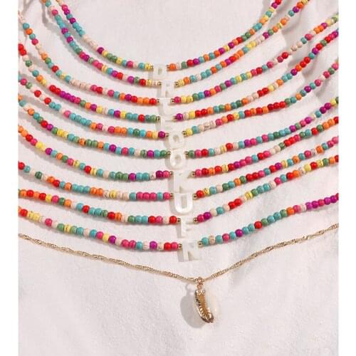 Layered Natural Shell Letter Beaded Necklace For Women Vintage Summer Jewelry Colorful Turquoise Bead Choker Initial Necklaces