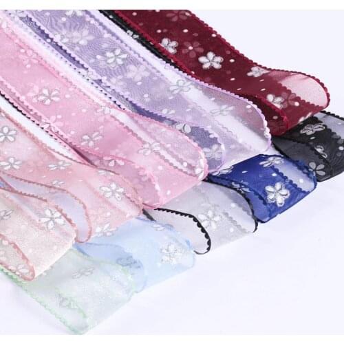 5 yards Silver Glitter Powder Flower Printed Chiffon Organza Satin Ribbon for DIY Hair Bow Clothing Material Gift Packaging use
