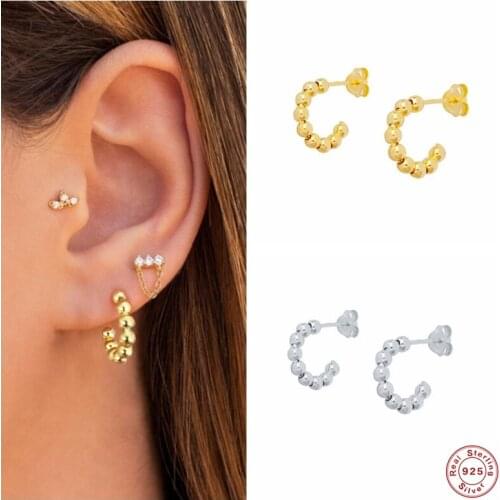 Aide 925 Sterling Silver Gold Hoop Earrings For Women C Shape Half Circle Beads Piercing Huggie Earring Party Fine Jewelry Gift