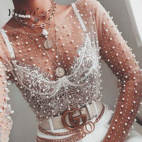 YiDuo Women Transparent O-Neck Long Sleeve Sexy Lace Mesh Shirt Club Party Tops Ladies 2020 Spring Pearl Beading Blouse Blusas