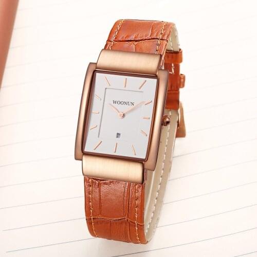 WOONUN Mens Watches Top Brand Luxury Rose Gold Rectangle Watch Leather Band Quartz Ultra Thin Watches For Men relogio masculino